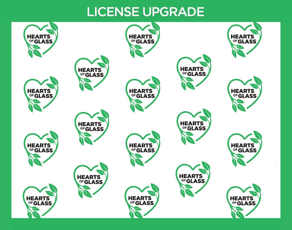 license upgrade image - hearts of glass logos on a white background