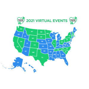 Map of the United States with the 20 states that held Hearts of Glass virtual events in 2021 highlighted in green. 