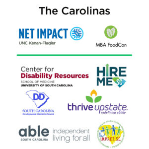 Square graphic with logos for Net Impact, MBA FoodCon, Center for Disability Resources School of Medicine University of South Carolina, Hire Me SC, South Carolina Developmental Disabilities Council, Thrive Upstate, Able South Carolina, I.M.P.A.C.T S.C.