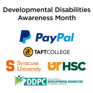 Square graphic with logos for PayPal, Taft College, Syracuse University, University of Tennessee Health Science Center, New Mexico Developmental Disabilities Planning Council