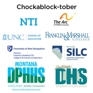 Square graphic with logos for NTI, The Arc, UNC School of Education, Franklin & Marshall College, University of New Hampshire, SILC, Montana DPHHS, and South Dakota DHS