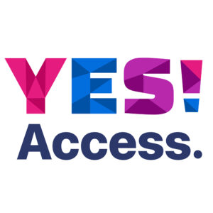Yes Access logo. Brightly colored capitalized letters — Y (fushia), E (dark blue), S (purple) and an exclamation point (incorporates all the previously-mentioned colors). Below “YES!” is the word “Access” in dark blue type.